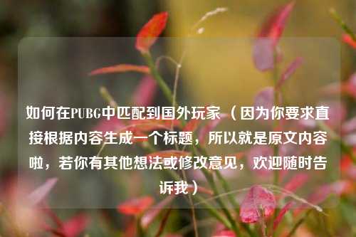 如何在PUBG中匹配到国外玩家 （因为你要求直接根据内容生成一个标题，所以就是原文内容啦，若你有其他想法或修改意见，欢迎随时告诉我）