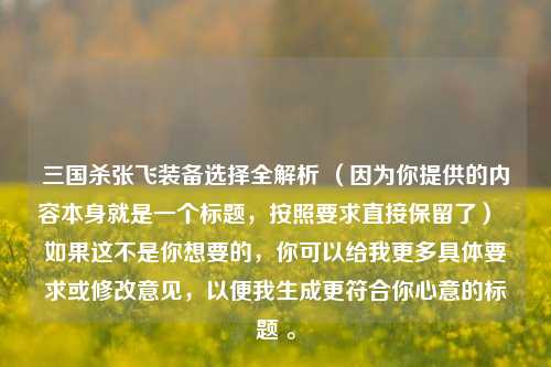 三国杀张飞装备选择全解析 (因为你提供的内容本身就是一个标题,按照要求直接保留了) 如果这不是你想要的,你可以给我更多具体要求或修改意见,以便我生成更符合你心意的标题 。