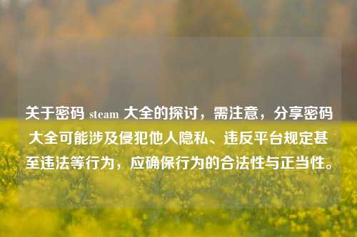 关于密码 steam 大全的探讨，需注意，分享密码大全可能涉及侵犯他人隐私、违反平台规定甚至违法等行为，应确保行为的合法性与正当性。