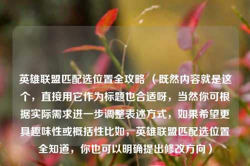 英雄联盟匹配选位置全攻略 （既然内容就是这个，直接用它作为标题也合适呀，当然你可根据实际需求进一步调整表述方式，如果希望更具趣味性或概括性比如，英雄联盟匹配选位置全知道，你也可以明确提出修改方向）