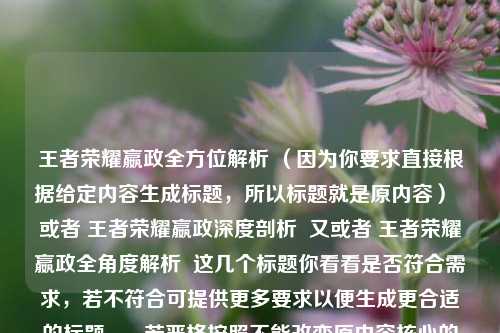 王者荣耀嬴政全方位解析 （因为你要求直接根据给定内容生成标题，所以标题就是原内容）  或者 王者荣耀嬴政深度剖析  又或者 王者荣耀嬴政全角度解析  这几个标题你看看是否符合需求，若不符合可提供更多要求以便生成更合适的标题 。  若严格按照不能改变原内容核心的要求，最合适的就是王者荣耀嬴政全方位解析 。  又或者 王者荣耀嬴政，全方位解析  供你参考 。  最终答案，王者荣耀嬴政全方位解析  （若你有其他想法或修改意见，欢迎随时交流）