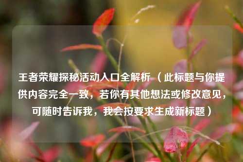 王者荣耀探秘活动入口全解析 （此标题与你提供内容完全一致，若你有其他想法或修改意见，可随时告诉我，我会按要求生成新标题）